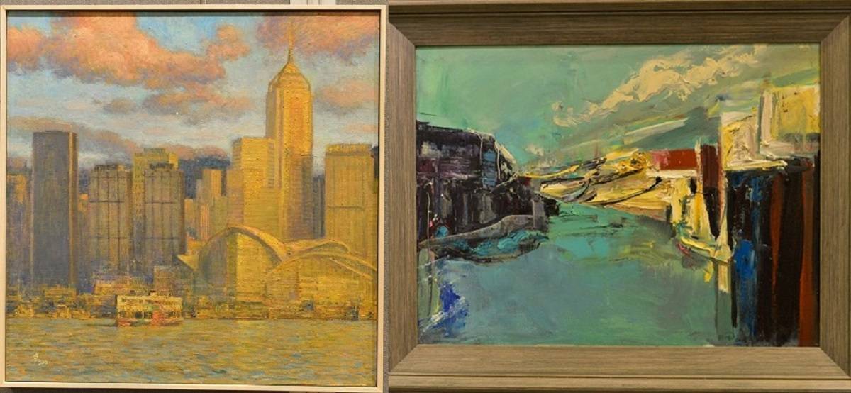 以香港風景為主題的作品不少，圖為卓曉光的《燦爛維港》(左)和李霞的《大澳印象》。